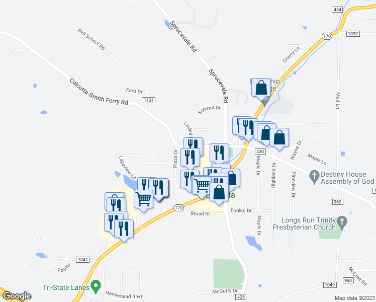 map of restaurants, bars, coffee shops, grocery stores, and more near 48884 Calcutta-Smith Ferry Road in East Liverpool
