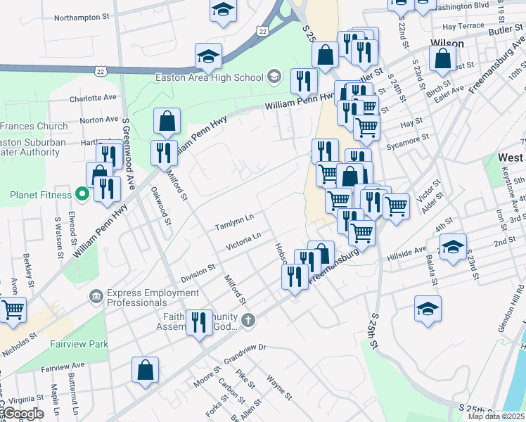 map of restaurants, bars, coffee shops, grocery stores, and more near 2764 Tamlynn Court in Easton
