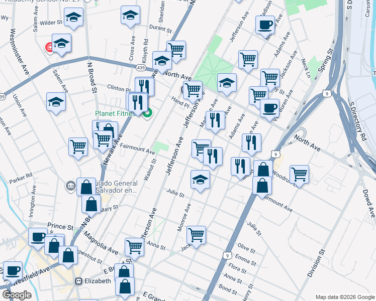 map of restaurants, bars, coffee shops, grocery stores, and more near 641 Jefferson Avenue in Elizabeth