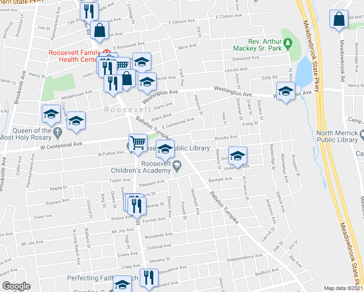 map of restaurants, bars, coffee shops, grocery stores, and more near 129 East Fulton Avenue in Roosevelt