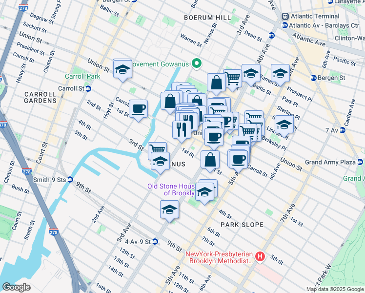 map of restaurants, bars, coffee shops, grocery stores, and more near 276 3rd Avenue in Brooklyn