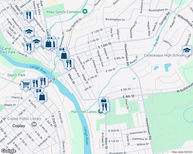map of restaurants, bars, coffee shops, grocery stores, and more near 240 East 7th Street in Northampton