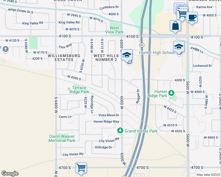 map of restaurants, bars, coffee shops, grocery stores, and more near 4318 Jocelyn Way in West Valley City