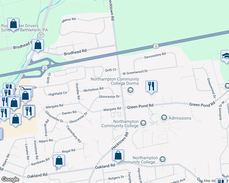 map of restaurants, bars, coffee shops, grocery stores, and more near 3874 Fairfax Road in Bethlehem