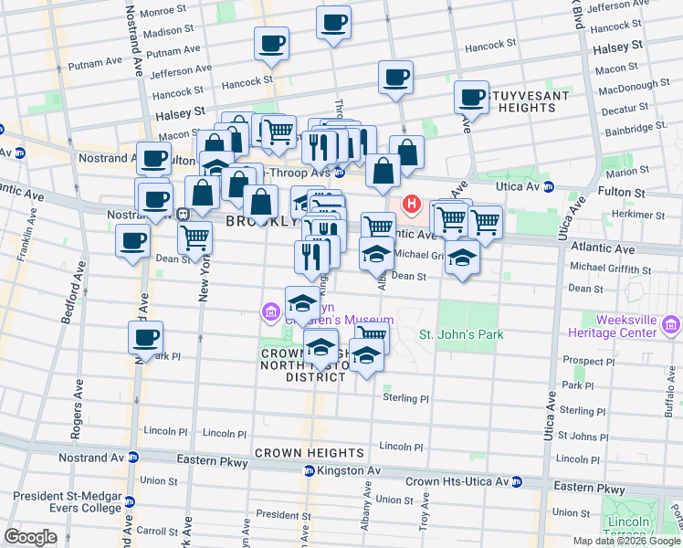 map of restaurants, bars, coffee shops, grocery stores, and more near 1 Revere Place in Brooklyn