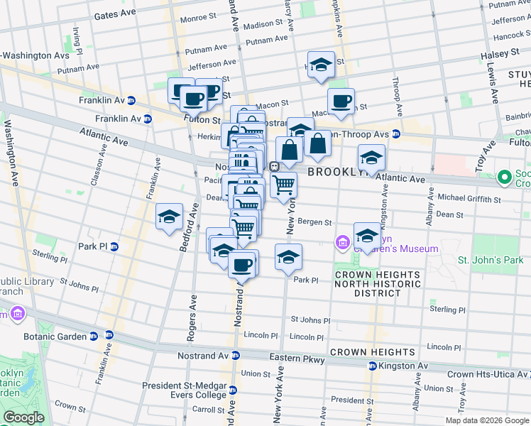 map of restaurants, bars, coffee shops, grocery stores, and more near 1119 Bergen Street in Brooklyn