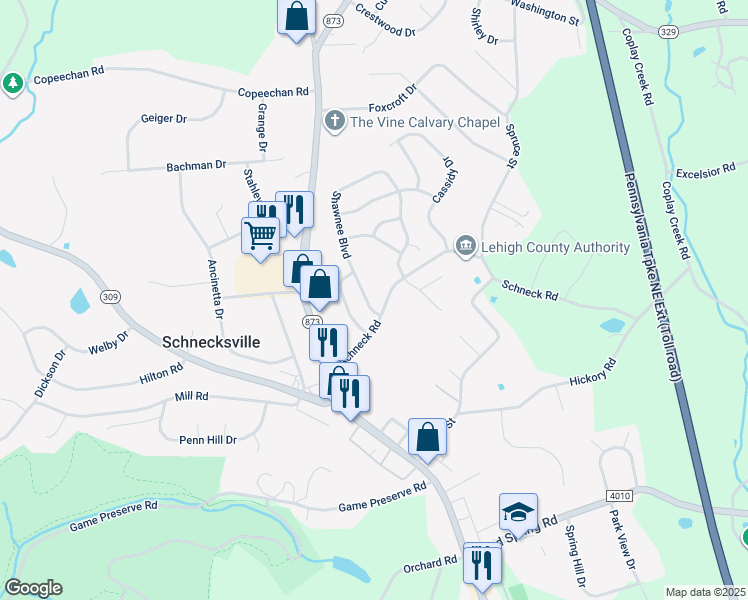 map of restaurants, bars, coffee shops, grocery stores, and more near 5013 Shawnee Boulevard in Schnecksville