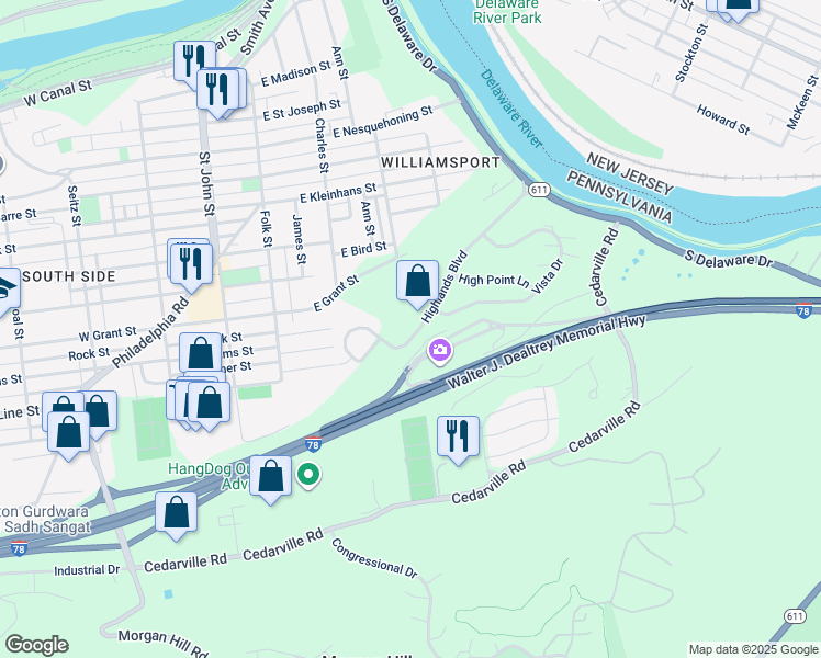 map of restaurants, bars, coffee shops, grocery stores, and more near 411 Highlands Boulevard in Easton