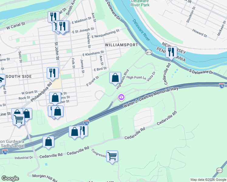 map of restaurants, bars, coffee shops, grocery stores, and more near 411 Highlands Boulevard in Easton
