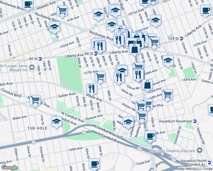 map of restaurants, bars, coffee shops, grocery stores, and more near in Queens
