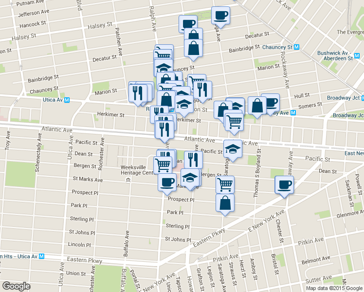 map of restaurants, bars, coffee shops, grocery stores, and more near 1927 Atlantic Avenue in Brooklyn