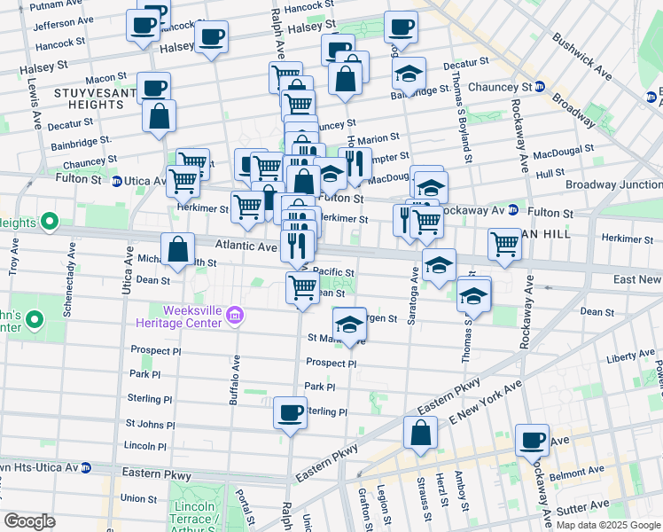 map of restaurants, bars, coffee shops, grocery stores, and more near 1927 Atlantic Avenue in Brooklyn
