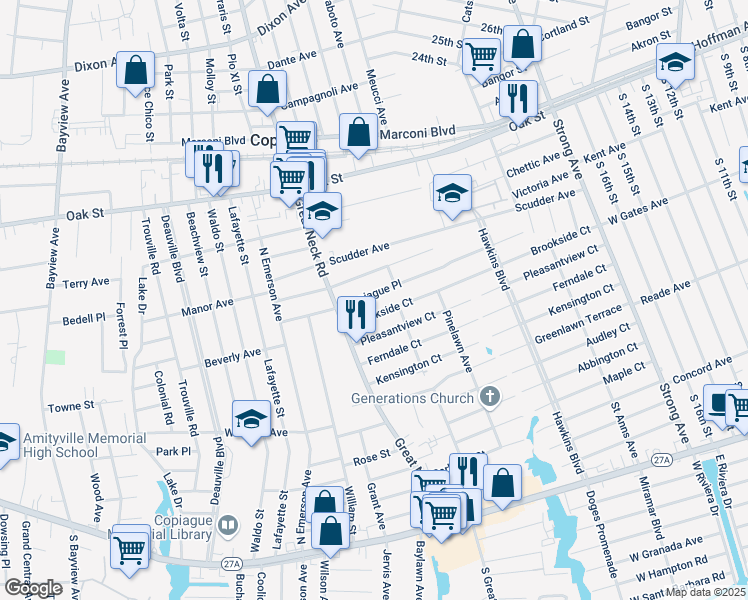 map of restaurants, bars, coffee shops, grocery stores, and more near 240 Florida Avenue in Copiague