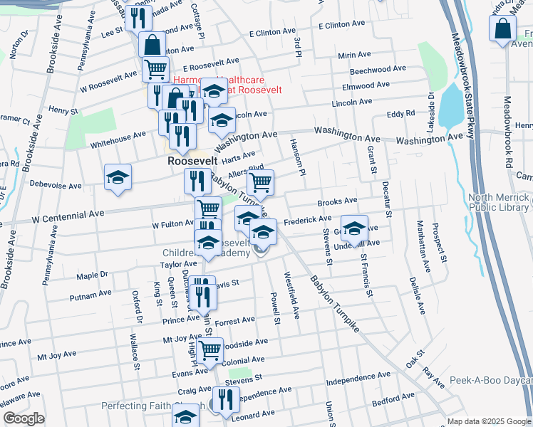 map of restaurants, bars, coffee shops, grocery stores, and more near 129 East Fulton Avenue in Roosevelt
