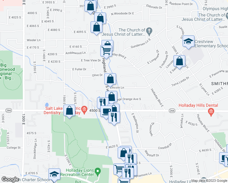 map of restaurants, bars, coffee shops, grocery stores, and more near 1753 Lincoln Lane in Holladay