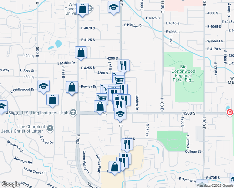 map of restaurants, bars, coffee shops, grocery stores, and more near 4351-4353 900 East in Millcreek