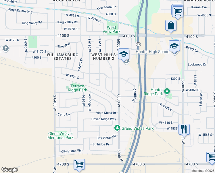map of restaurants, bars, coffee shops, grocery stores, and more near 4318 Jocelyn Way in West Valley City