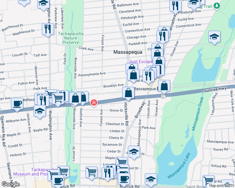 map of restaurants, bars, coffee shops, grocery stores, and more near 46 Brooklyn Avenue in Massapequa