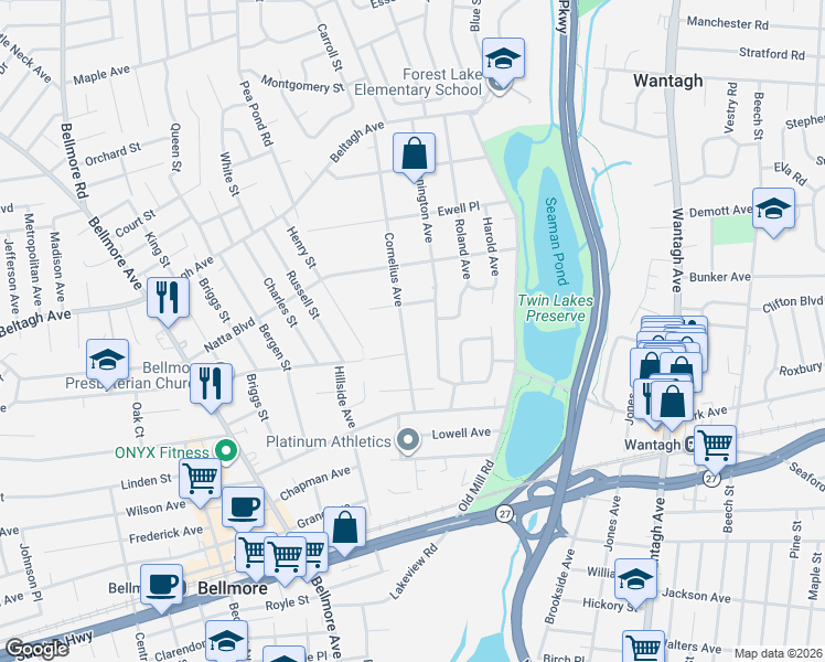 map of restaurants, bars, coffee shops, grocery stores, and more near 1762 Hannington Avenue in Wantagh
