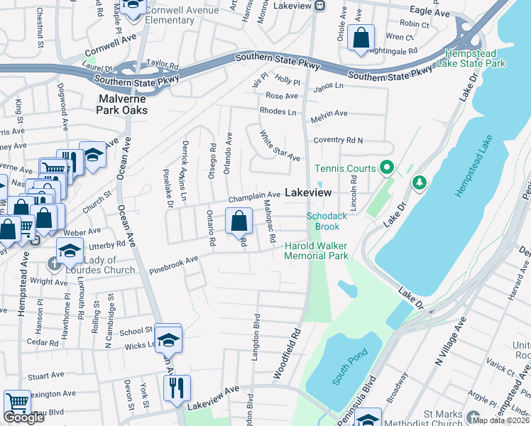 map of restaurants, bars, coffee shops, grocery stores, and more near 475 Champlain Avenue in West Hempstead