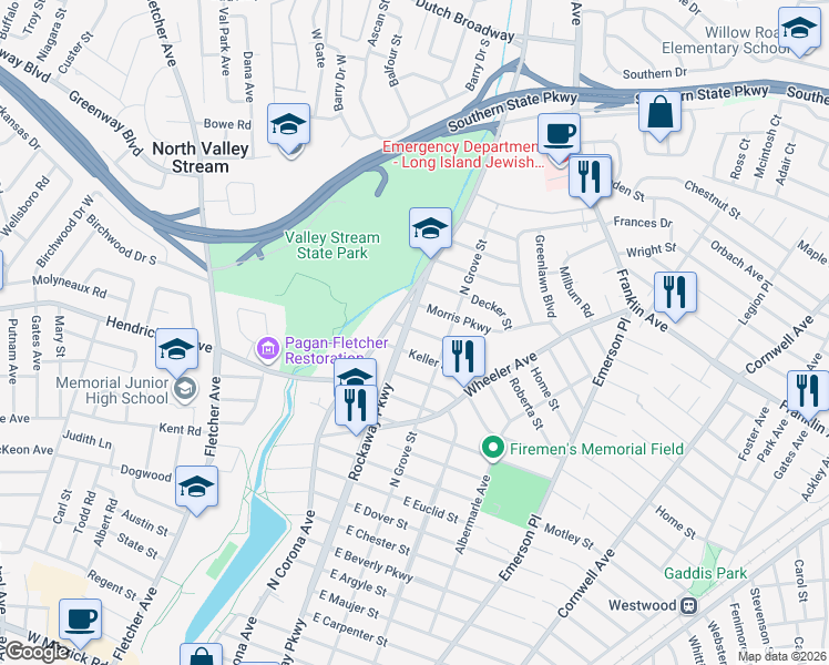 map of restaurants, bars, coffee shops, grocery stores, and more near 429 Rockaway Parkway in Valley Stream