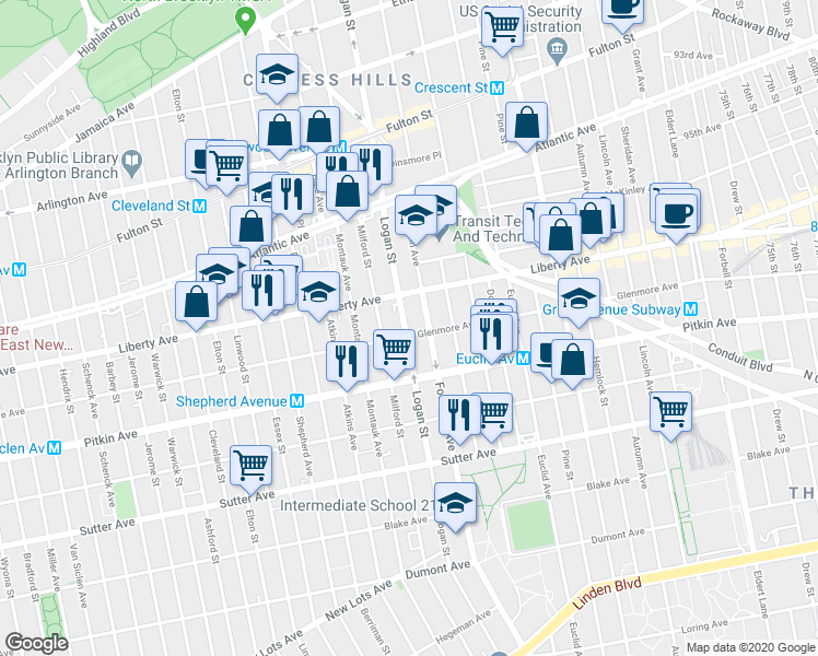map of restaurants, bars, coffee shops, grocery stores, and more near 381 Logan Street in Brooklyn
