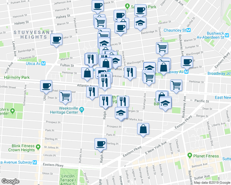 map of restaurants, bars, coffee shops, grocery stores, and more near 1927 Atlantic Avenue in Brooklyn
