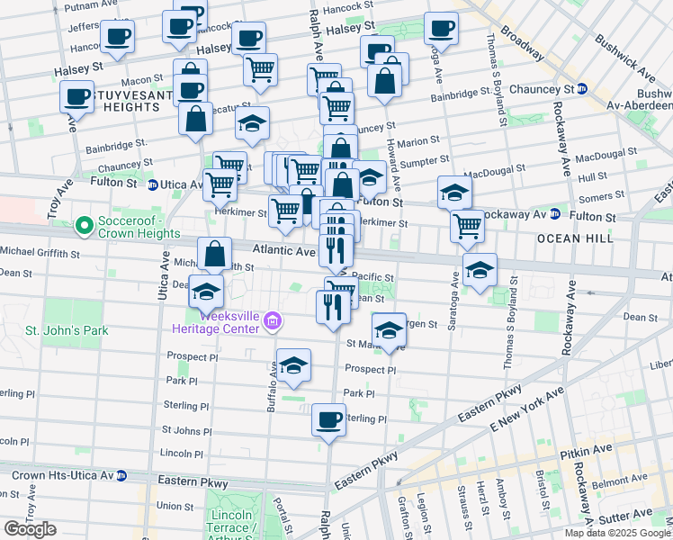 map of restaurants, bars, coffee shops, grocery stores, and more near 1899A Atlantic Avenue in Brooklyn