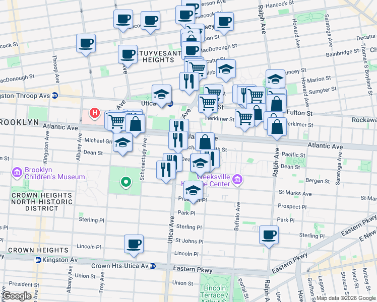 map of restaurants, bars, coffee shops, grocery stores, and more near 1822 Atlantic Avenue in Brooklyn