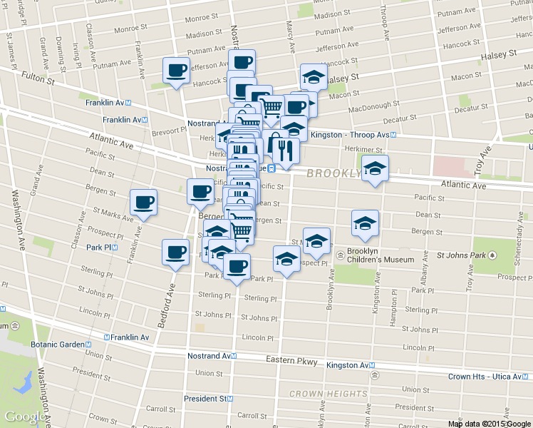 map of restaurants, bars, coffee shops, grocery stores, and more near 1231 Dean Street in Brooklyn