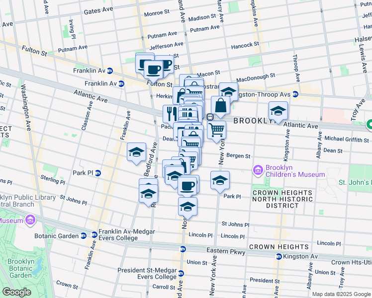 map of restaurants, bars, coffee shops, grocery stores, and more near 628 Nostrand Avenue in Brooklyn