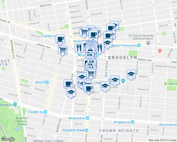 map of restaurants, bars, coffee shops, grocery stores, and more near 628 Nostrand Avenue in Brooklyn