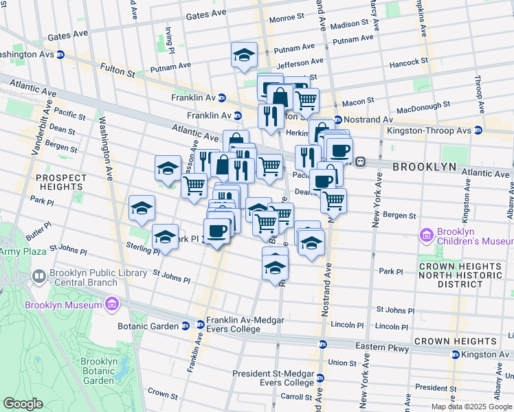 map of restaurants, bars, coffee shops, grocery stores, and more near 1076 Dean Street in Brooklyn