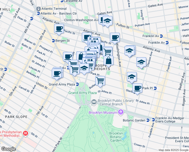 map of restaurants, bars, coffee shops, grocery stores, and more near 291 Park Place in Brooklyn