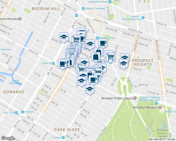 map of restaurants, bars, coffee shops, grocery stores, and more near 162 6th Avenue in Brooklyn