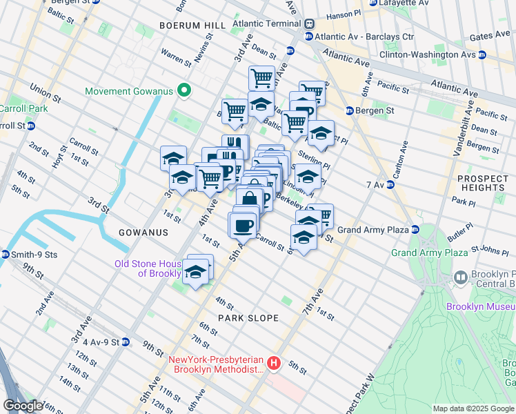 map of restaurants, bars, coffee shops, grocery stores, and more near 208 5th Avenue in Brooklyn