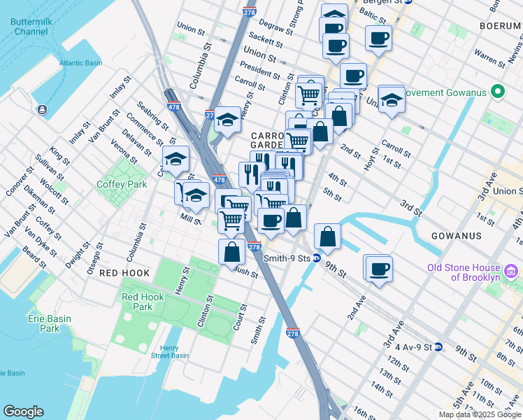 map of restaurants, bars, coffee shops, grocery stores, and more near 498 Court Street in Brooklyn