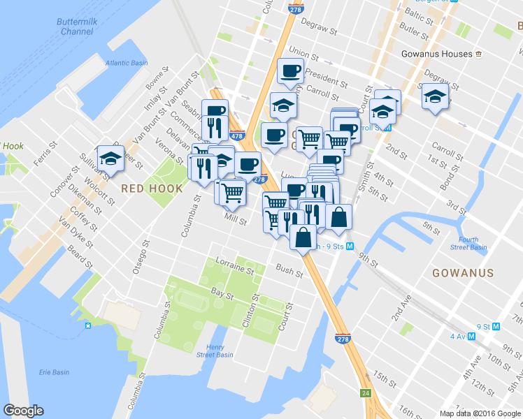 map of restaurants, bars, coffee shops, grocery stores, and more near 260 Hamilton Avenue in Brooklyn