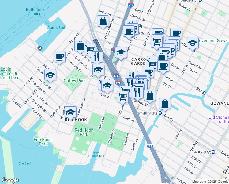 map of restaurants, bars, coffee shops, grocery stores, and more near 260 Hamilton Avenue in Brooklyn