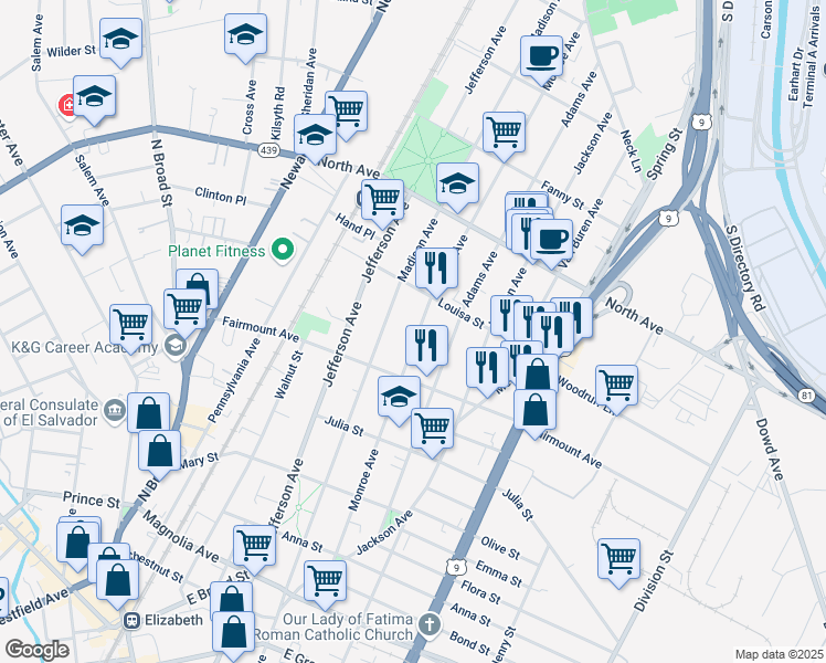 map of restaurants, bars, coffee shops, grocery stores, and more near 663 Monroe Avenue in Elizabeth