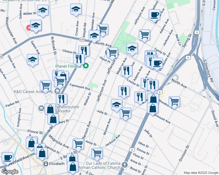 map of restaurants, bars, coffee shops, grocery stores, and more near 641 Jefferson Avenue in Elizabeth