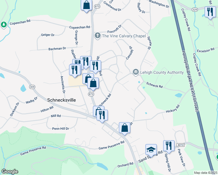 map of restaurants, bars, coffee shops, grocery stores, and more near 4232 Mohican Drive in Schnecksville