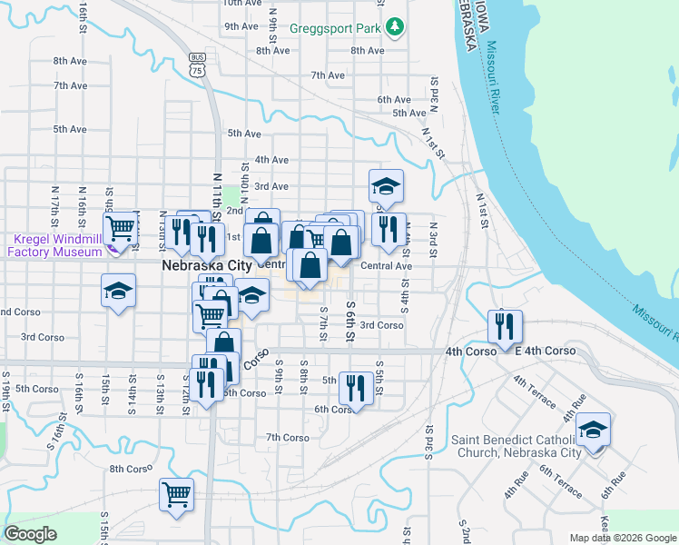 map of restaurants, bars, coffee shops, grocery stores, and more near 601 1st Avenue in Nebraska City
