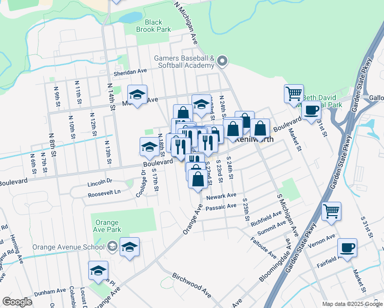 map of restaurants, bars, coffee shops, grocery stores, and more near 522a Boulevard in Kenilworth