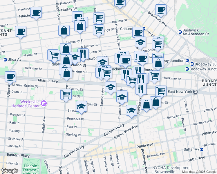 map of restaurants, bars, coffee shops, grocery stores, and more near 23 Roosevelt Place in Brooklyn
