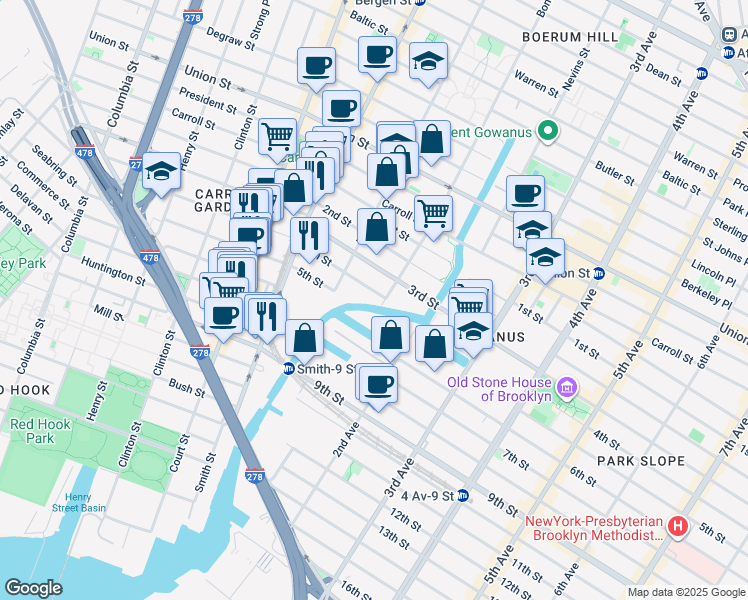 map of restaurants, bars, coffee shops, grocery stores, and more near 75 4th Street in Brooklyn