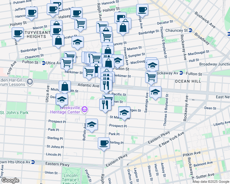 map of restaurants, bars, coffee shops, grocery stores, and more near 2023 Pacific Street in Brooklyn