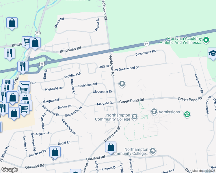 map of restaurants, bars, coffee shops, grocery stores, and more near 3874 Fairfax Road in Bethlehem