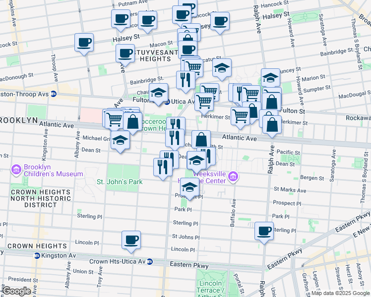 map of restaurants, bars, coffee shops, grocery stores, and more near 1770 Pacific Street in Brooklyn