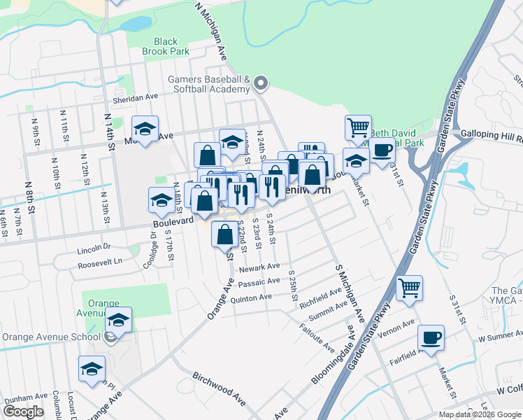 map of restaurants, bars, coffee shops, grocery stores, and more near in Kenilworth